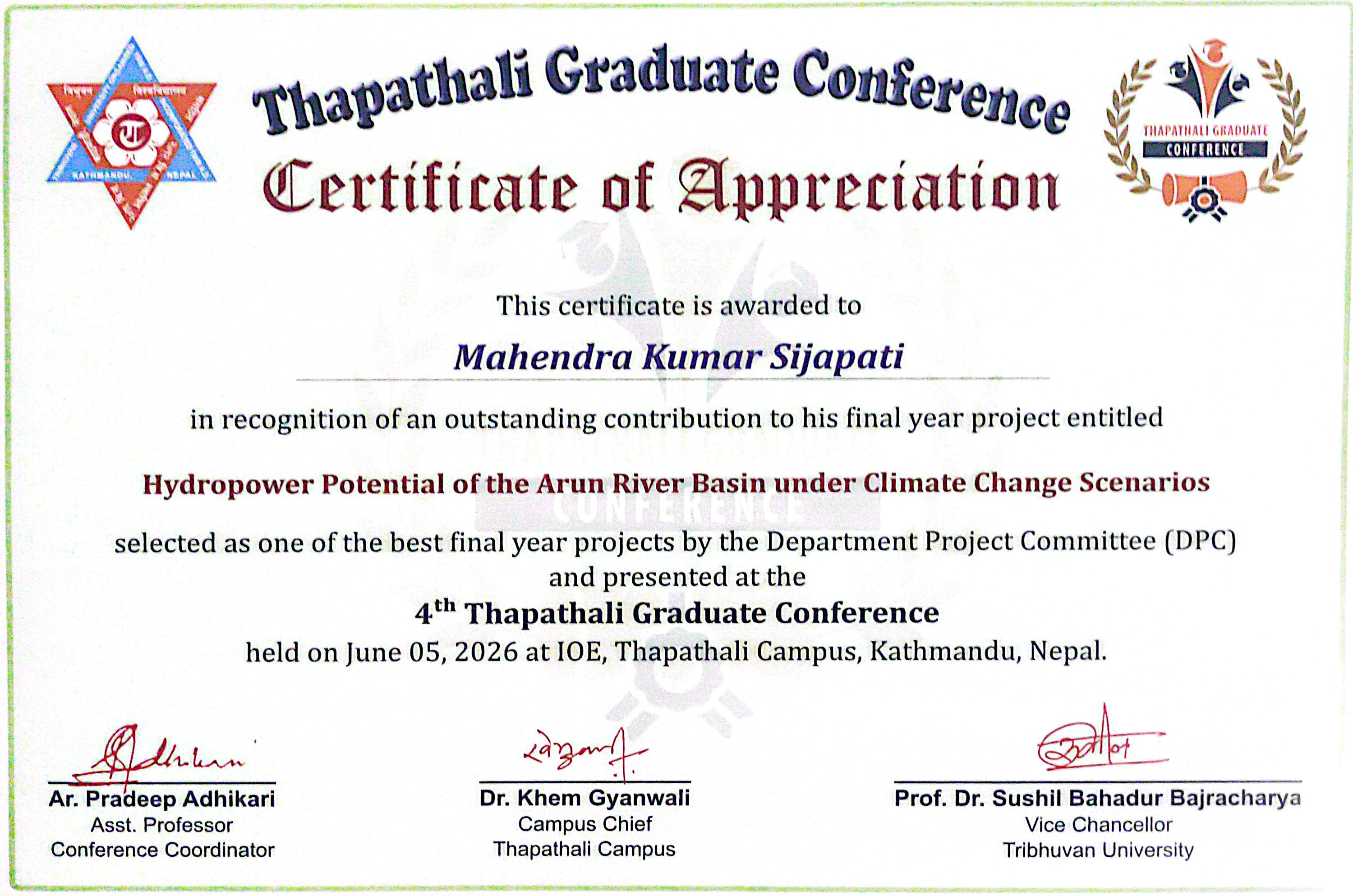 Arun River Basin Hydropower Project Certificate